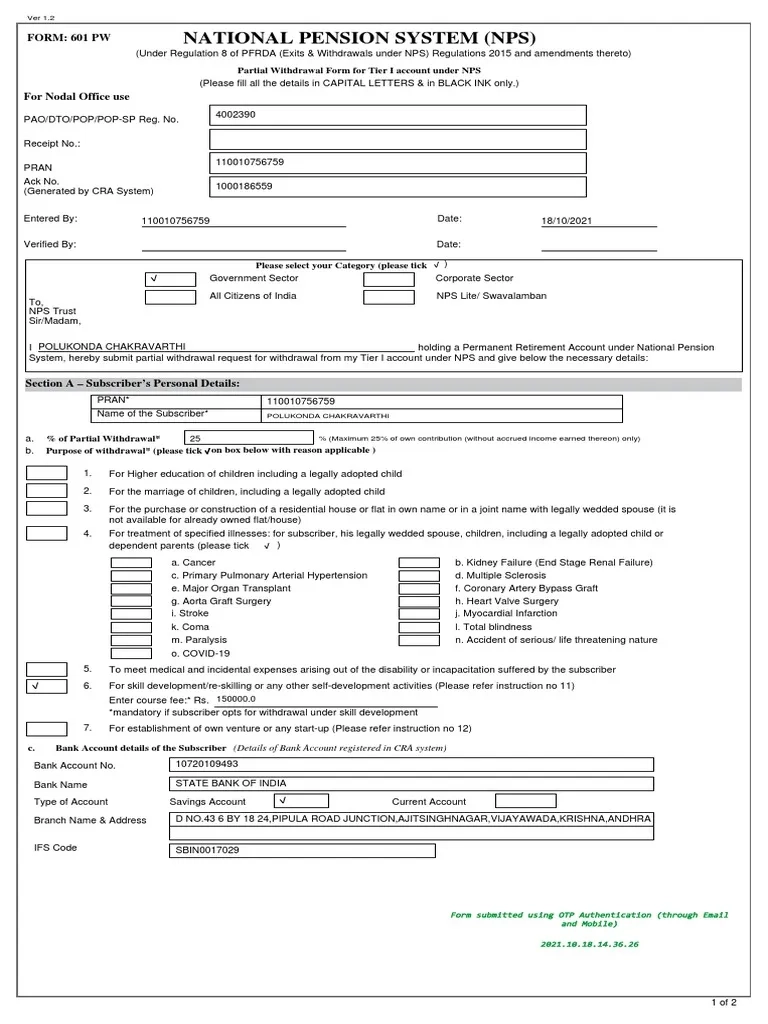 National Pension System NPS FORM 601 PW PDF Medical 