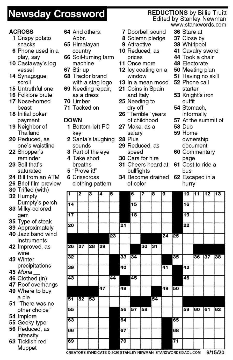 Newsday Crossword Puzzle For Sep 15 2020 By Stanley Newman 