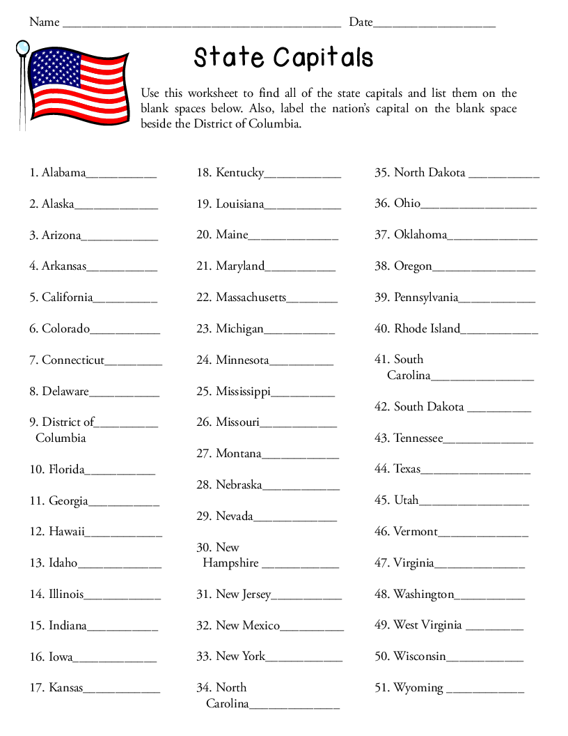 Free Printable State Capital Worksheets