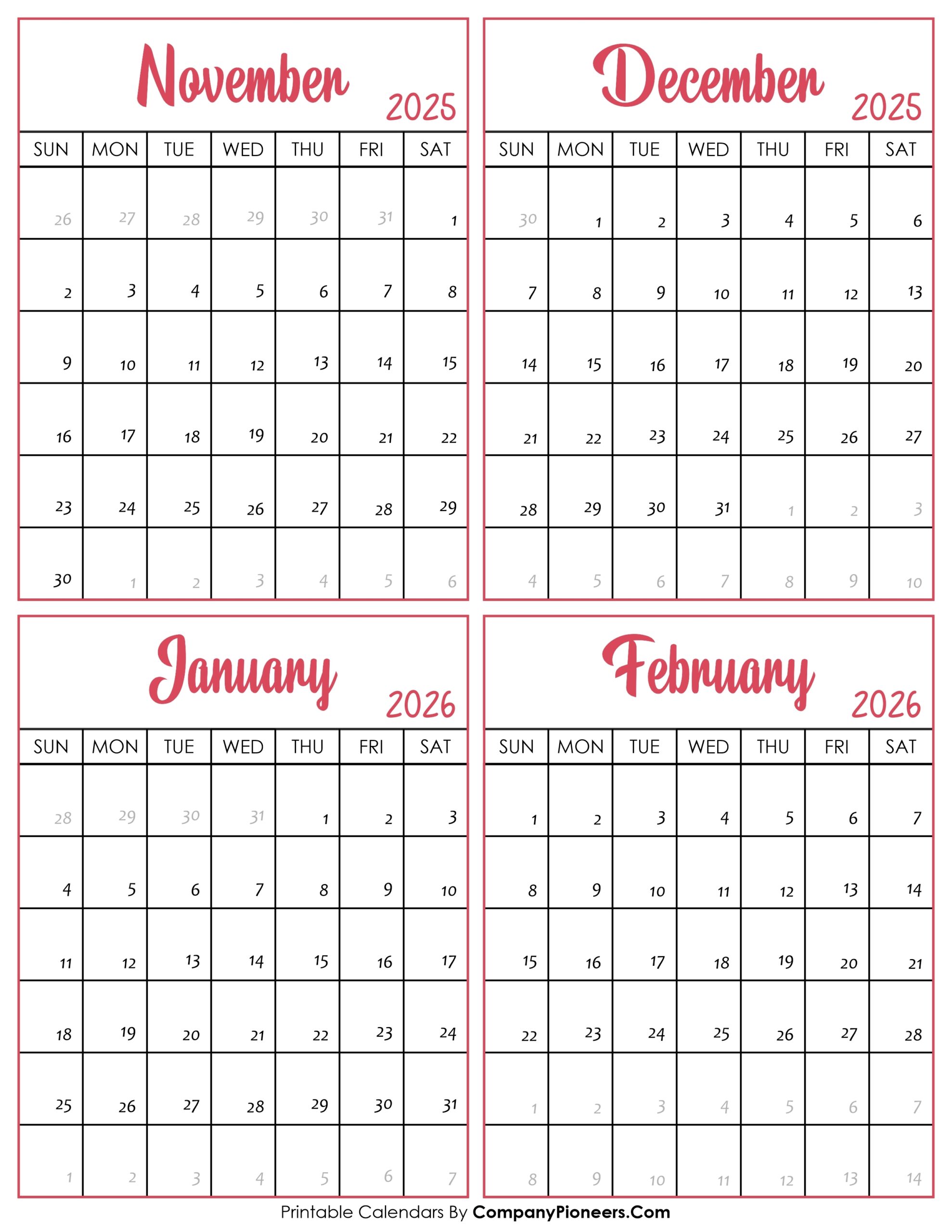 November Thru Feb 2026 Printable Calendar
