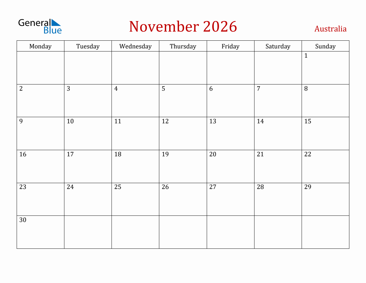 November 2026 Australia Monthly Calendar With Holidays Monday Start 