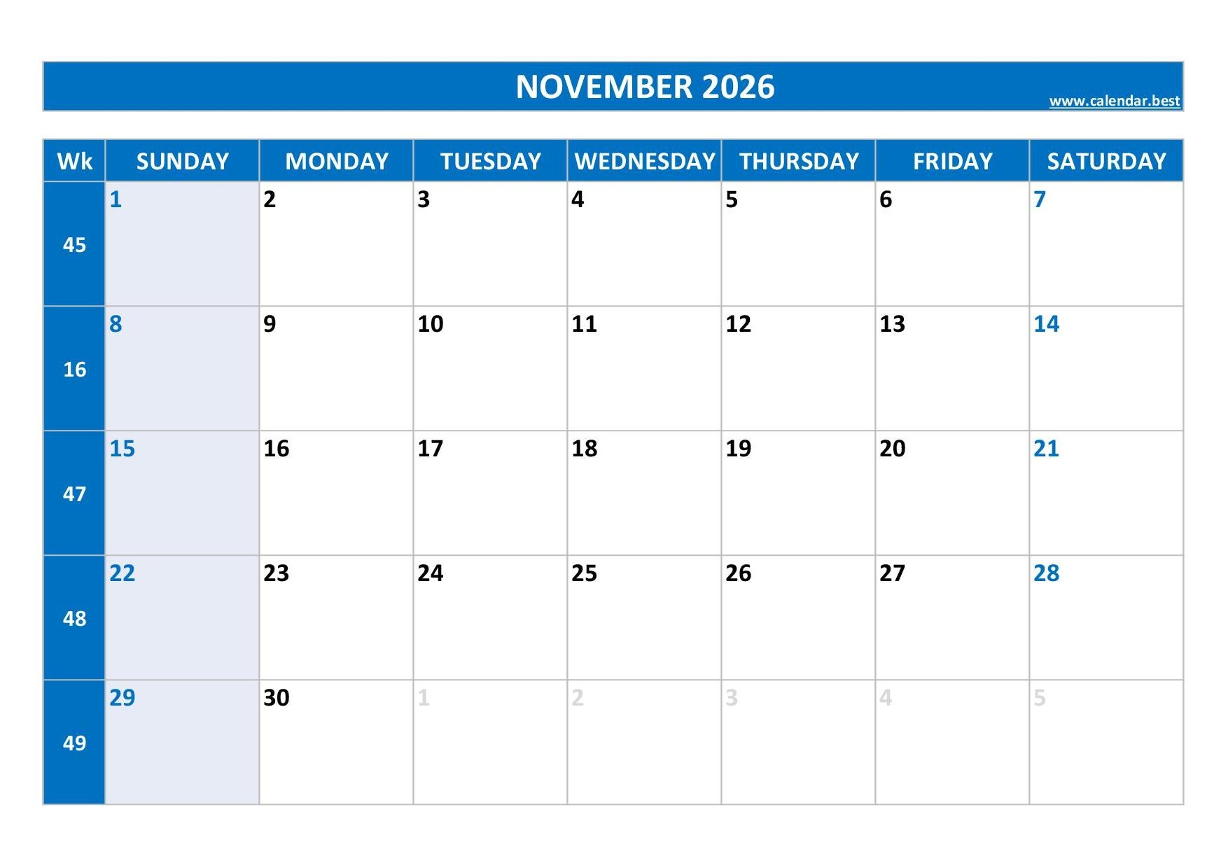Weekly Calendar Printable November 2026