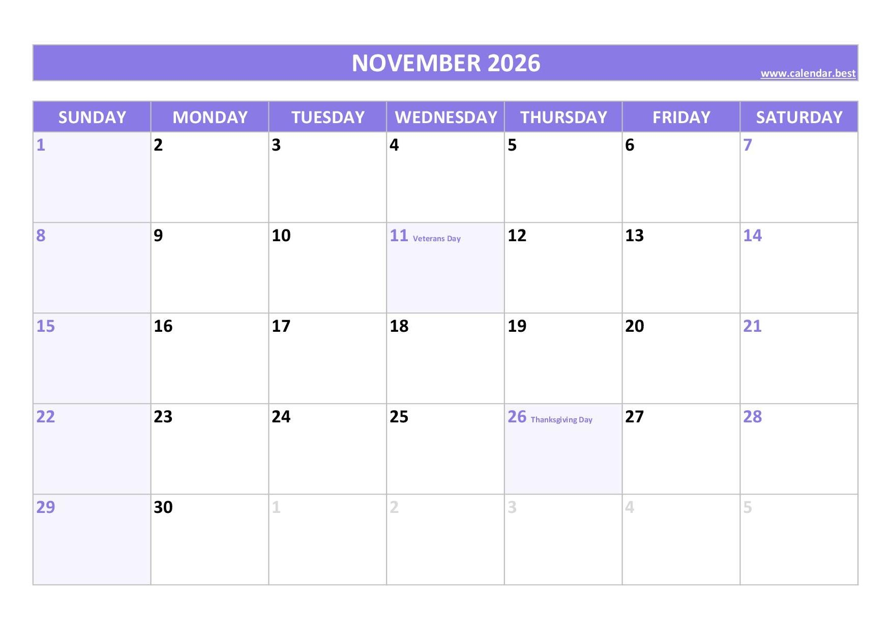 Printable Calendar Month November 2026