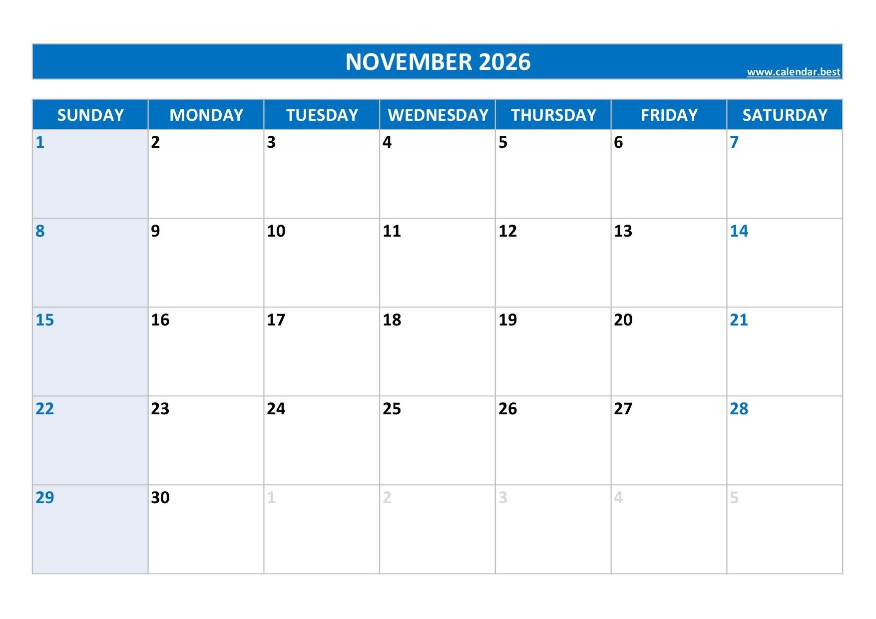 November 2026 Calendar Printable Calender