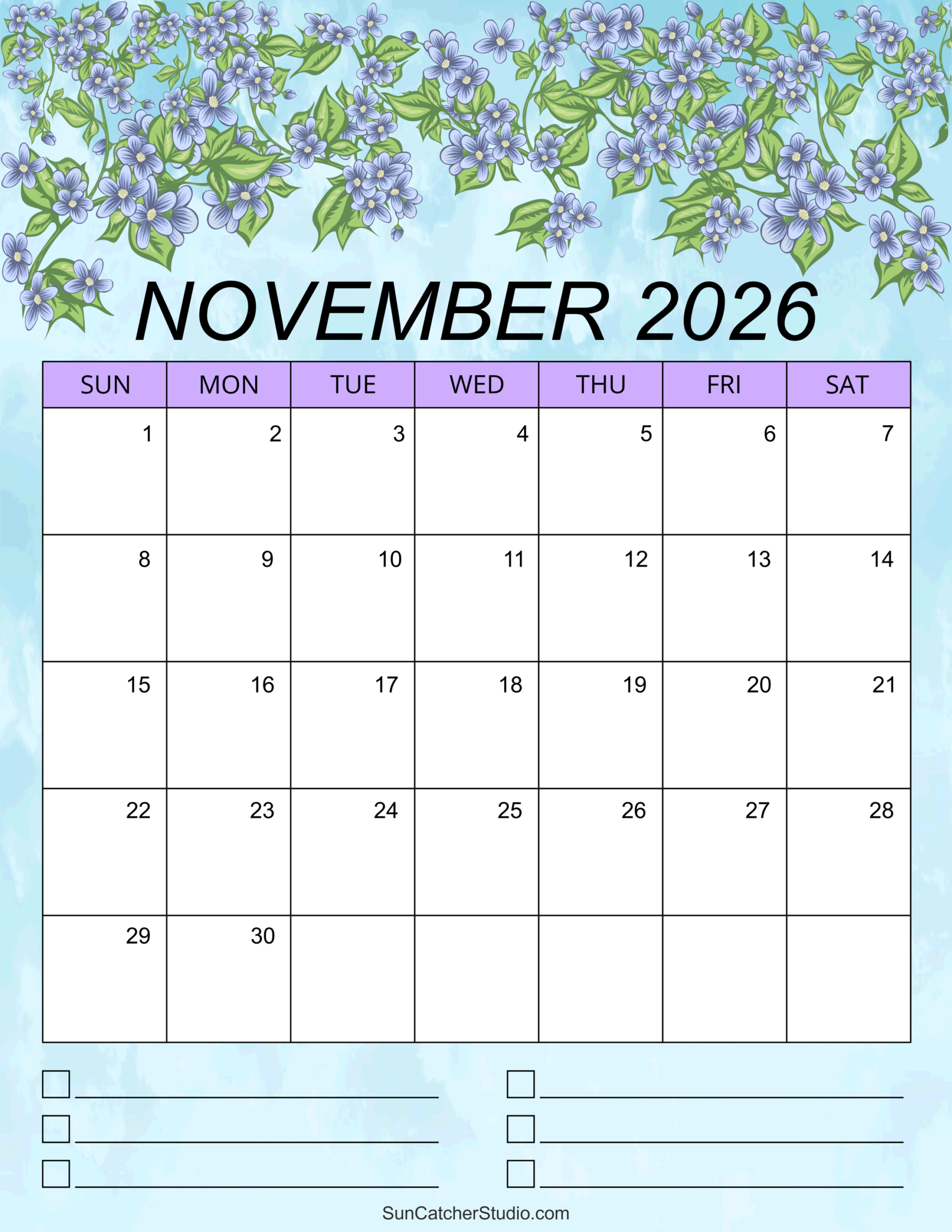 Customizable Printable Calendar November 2026