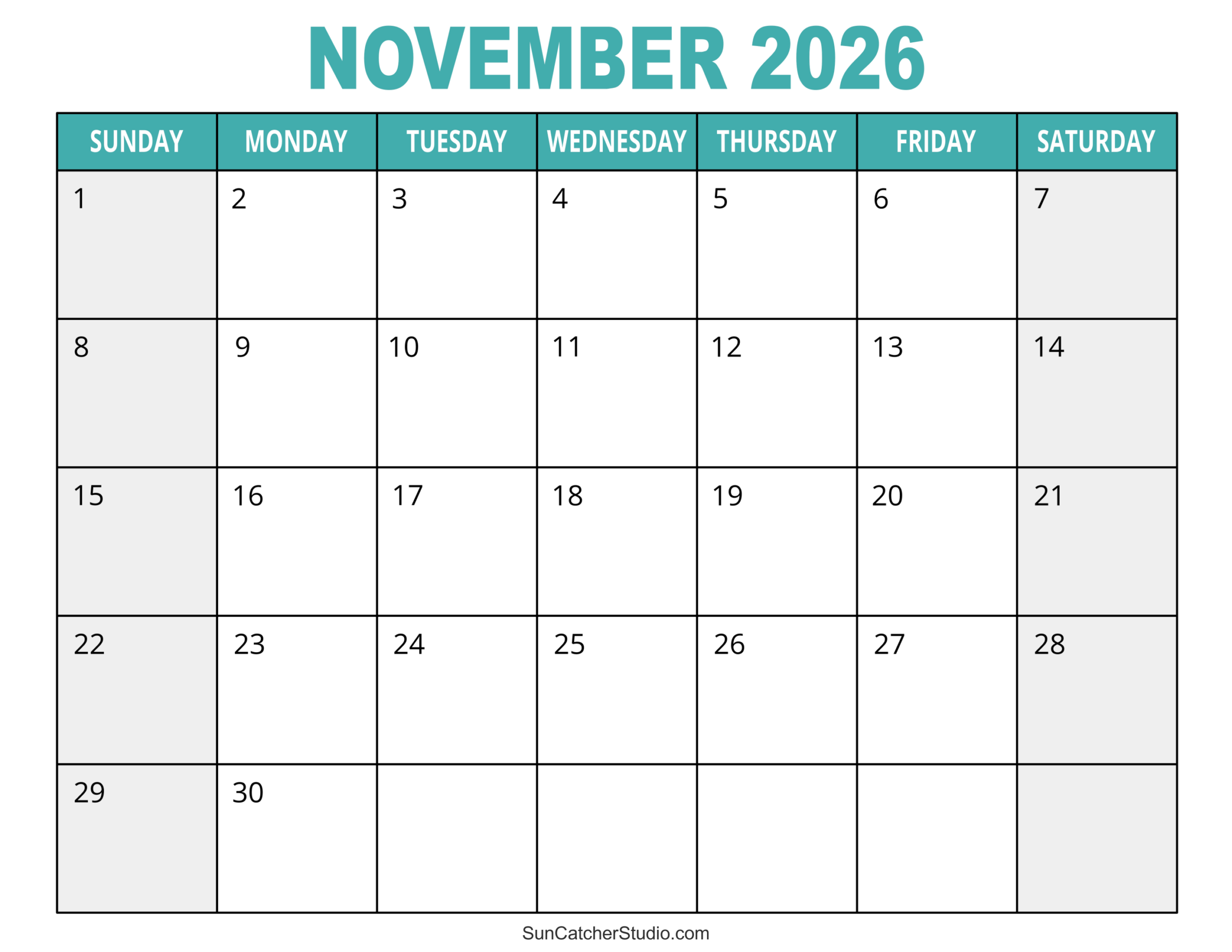 Free Printable November 2026 Calendar Word