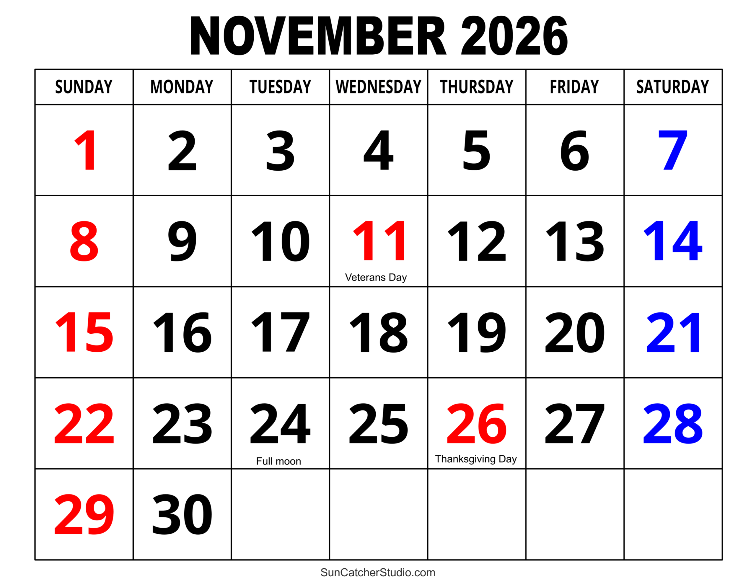 Nov 2026 Calendar Printable