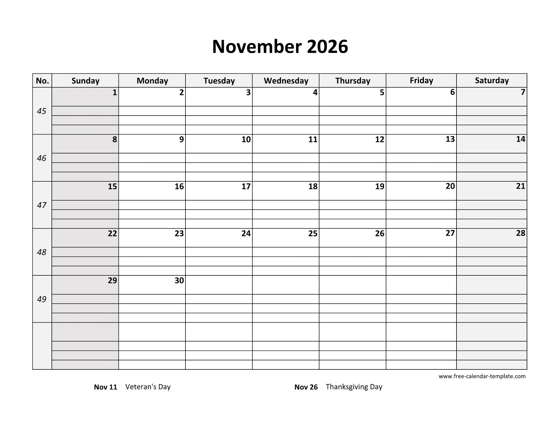 November 2026 Calendar Free Printable With Grid Lines Designed 