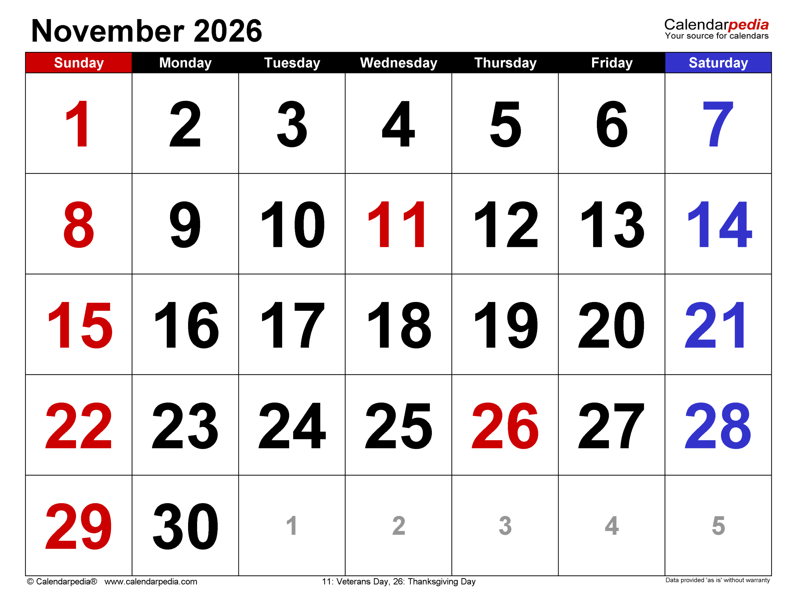 Printable Calendar November 2026 Word