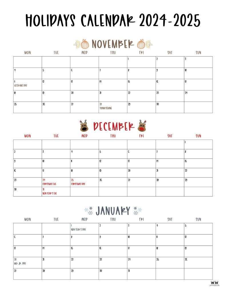 November Through January Printable Calendar