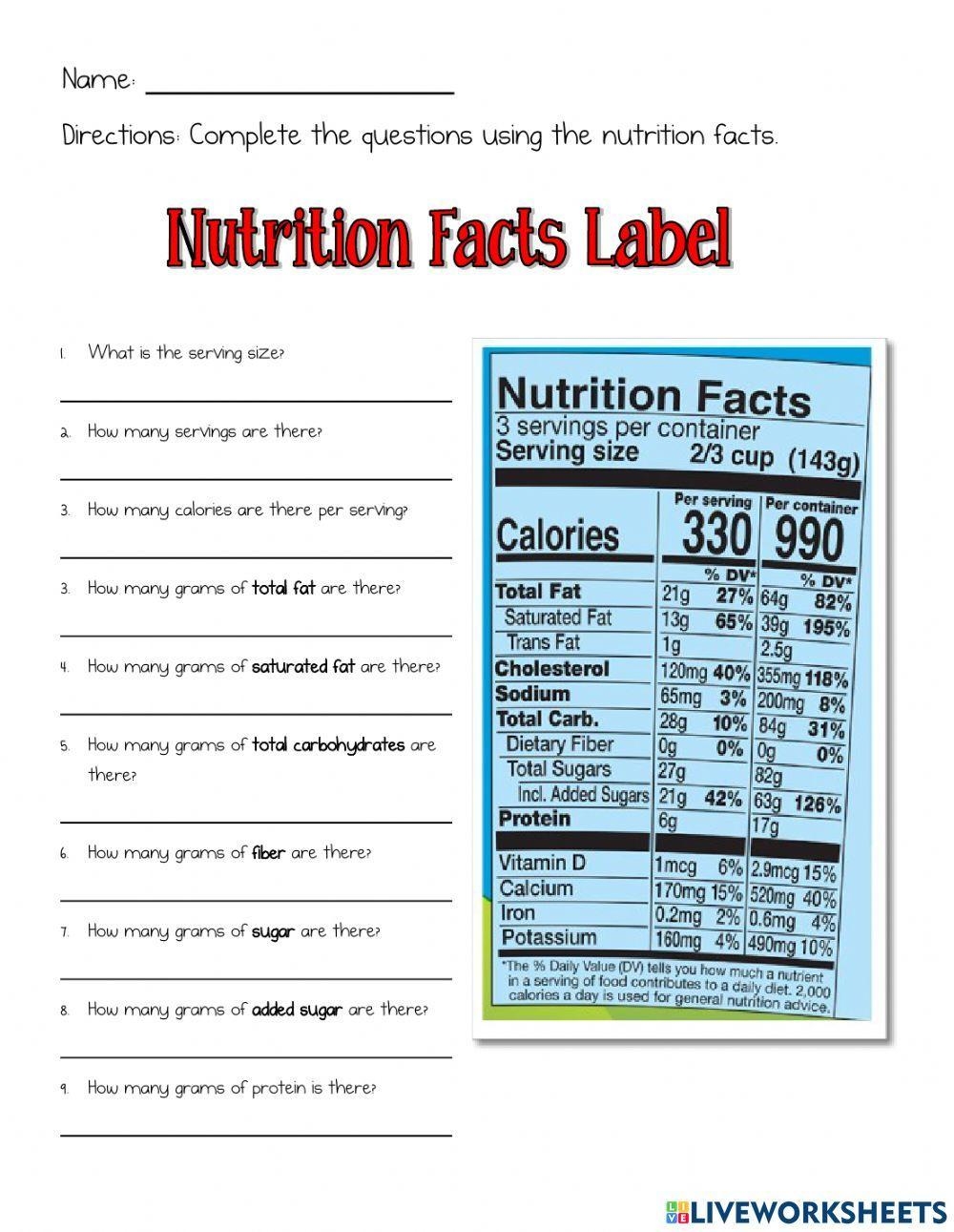 Nutrition Facts Label Worksheet Worksheets Library