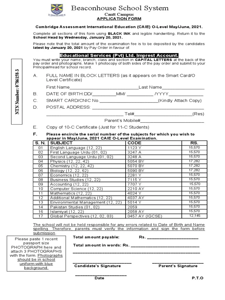 O Level CAIE Registration Form June 2021 PDF Test 