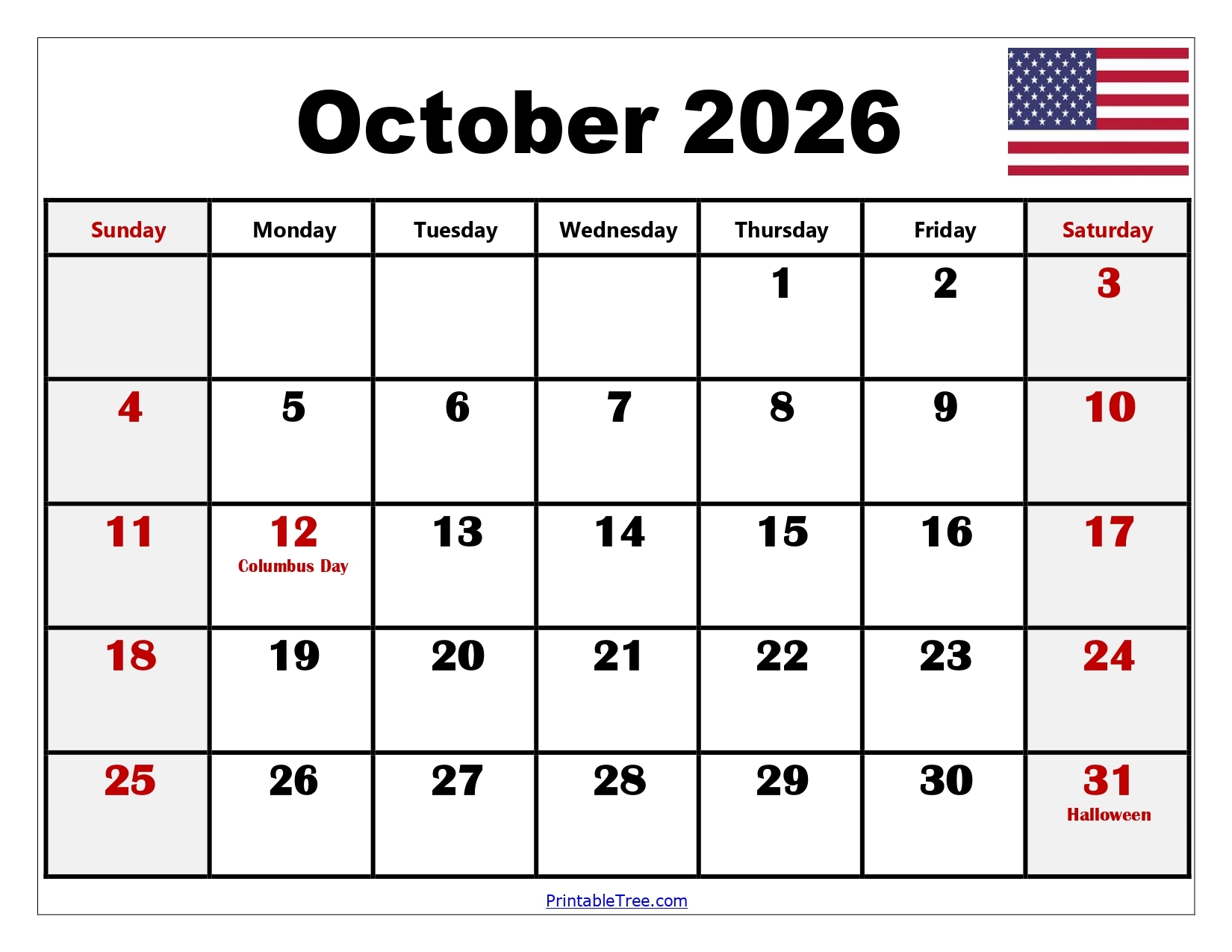 Blank Calendar 2026 October
