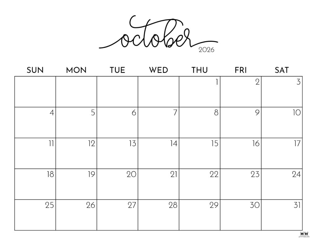 Printable Blank Calendar 2026 October