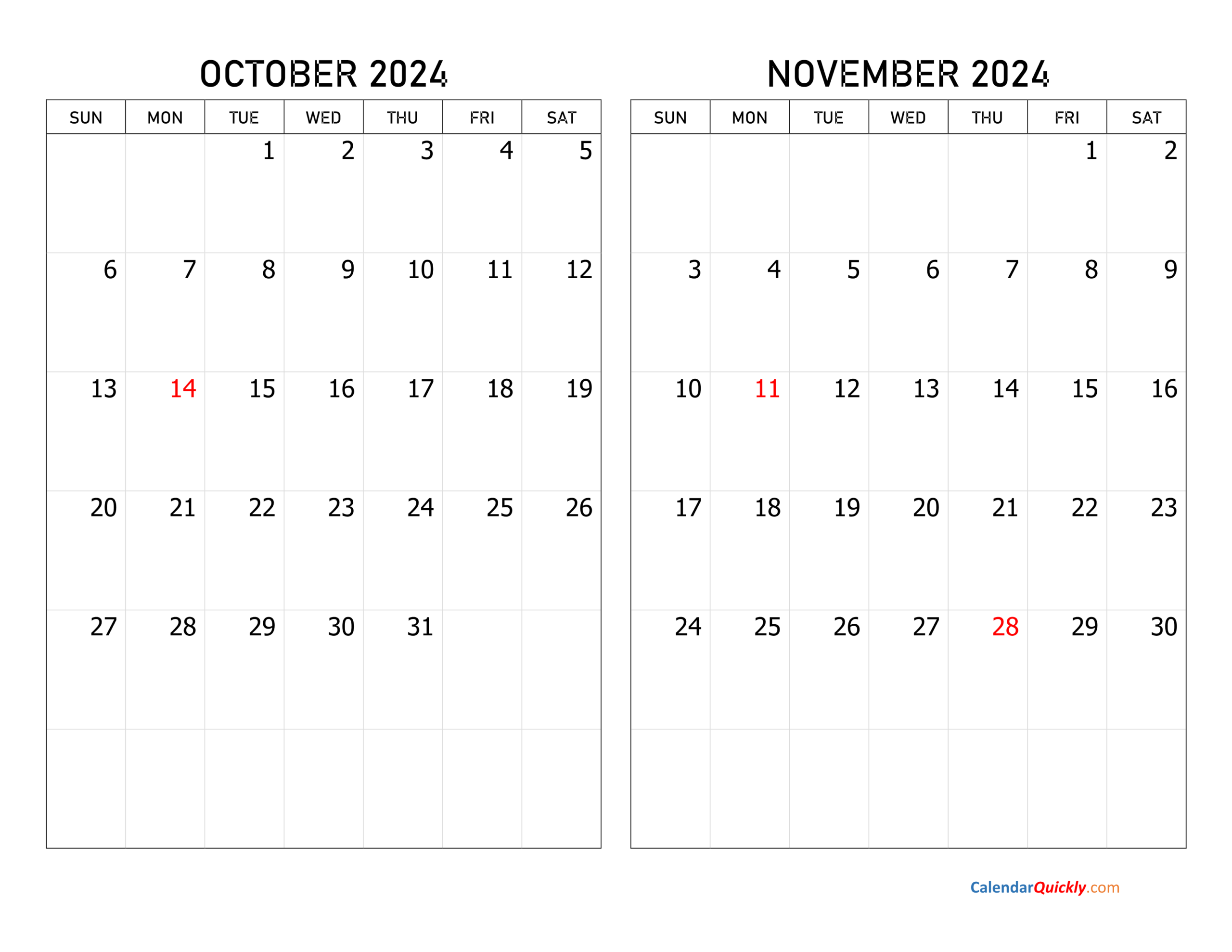 October And November Monthly Calendar Printable