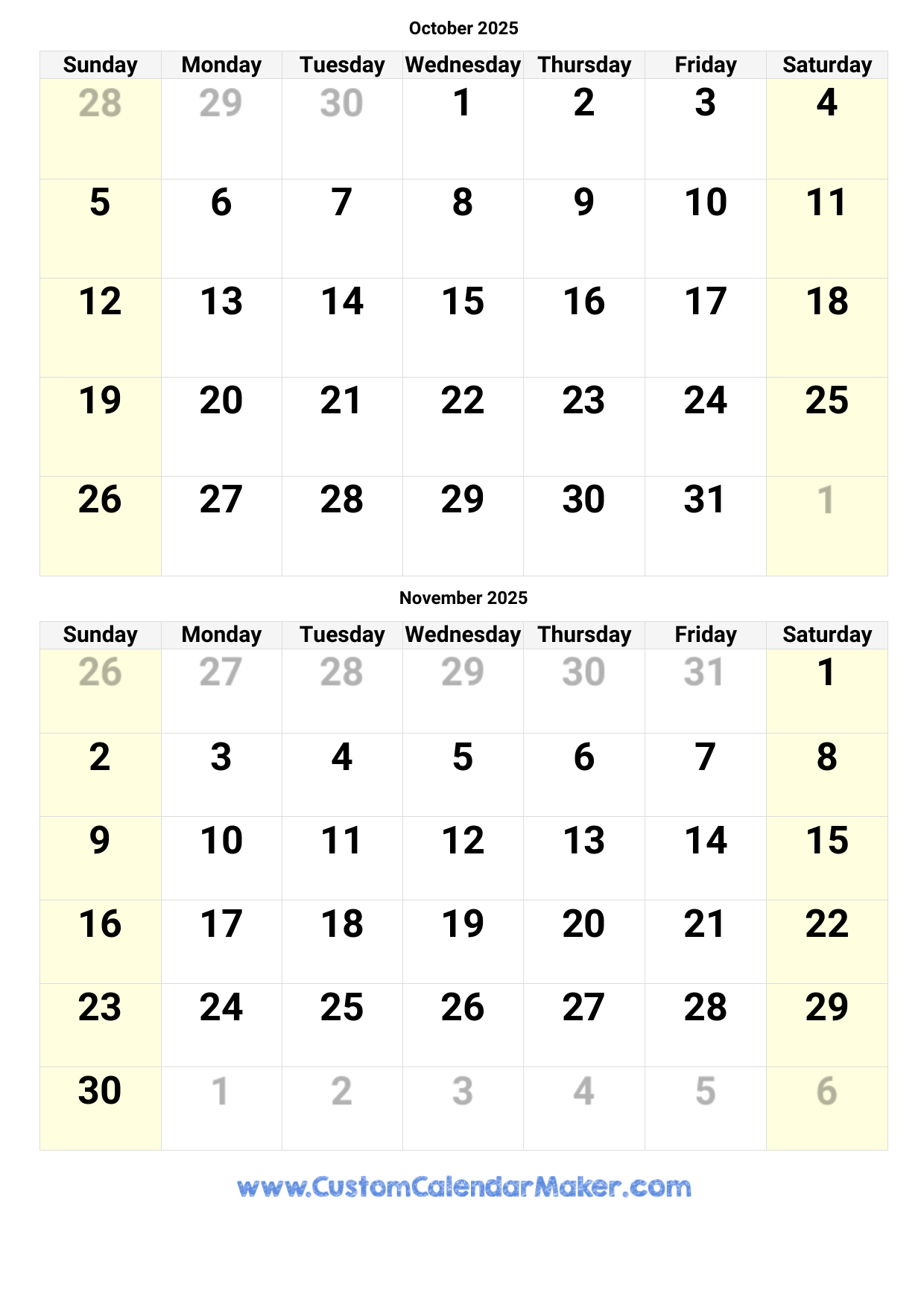 Printable October And November Calendar