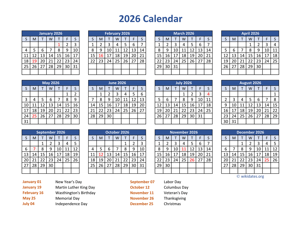 Printable Calendar With Holidays 2026
