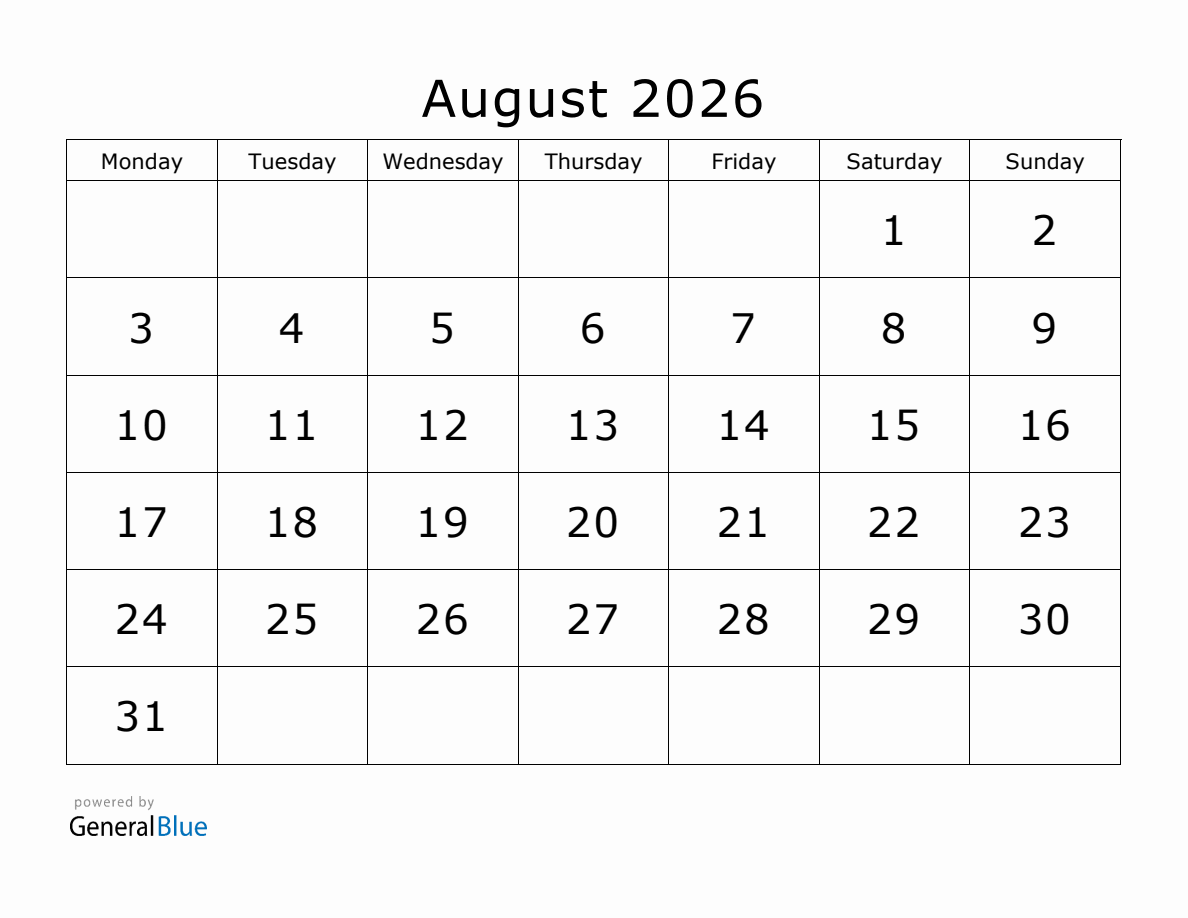 August Blank Calendar 2026 Monday Start