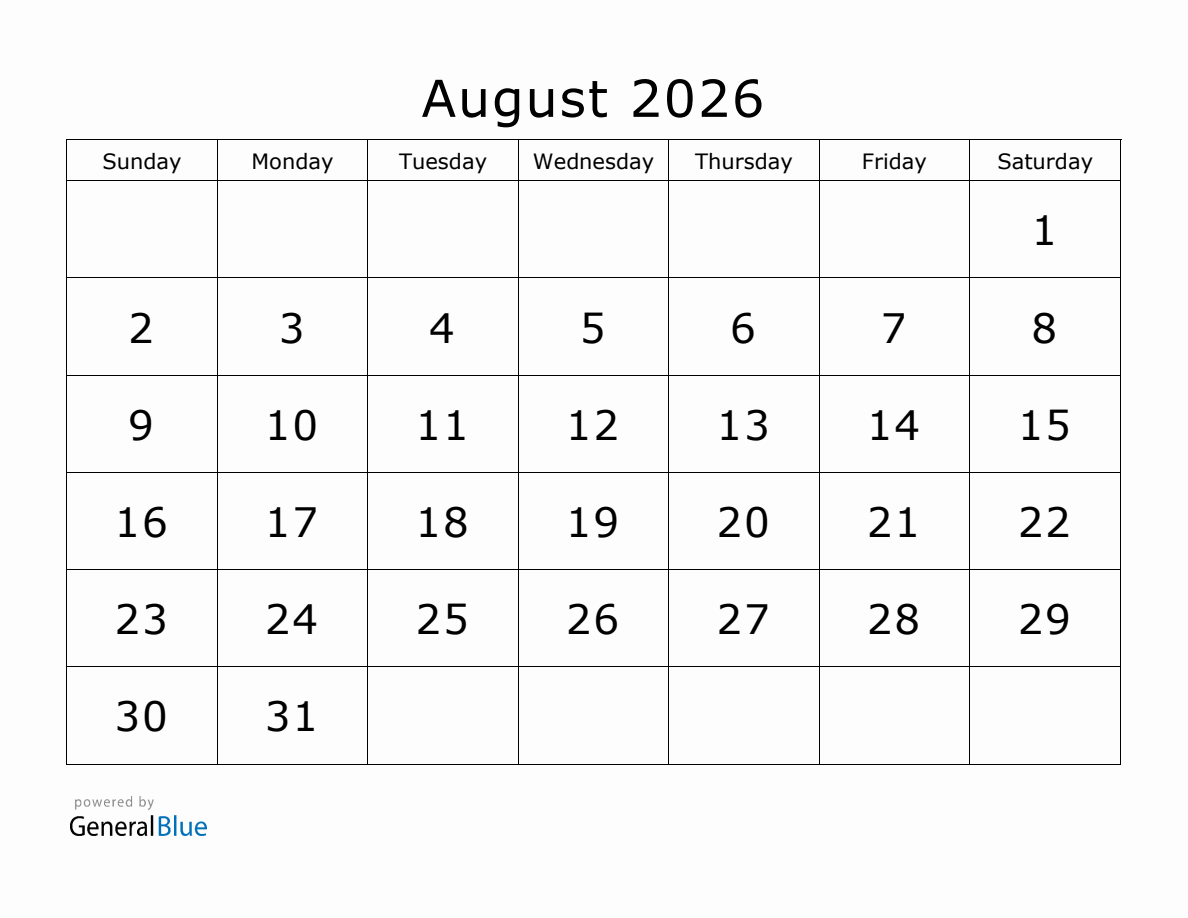 August 2026 Blank Calendar Free