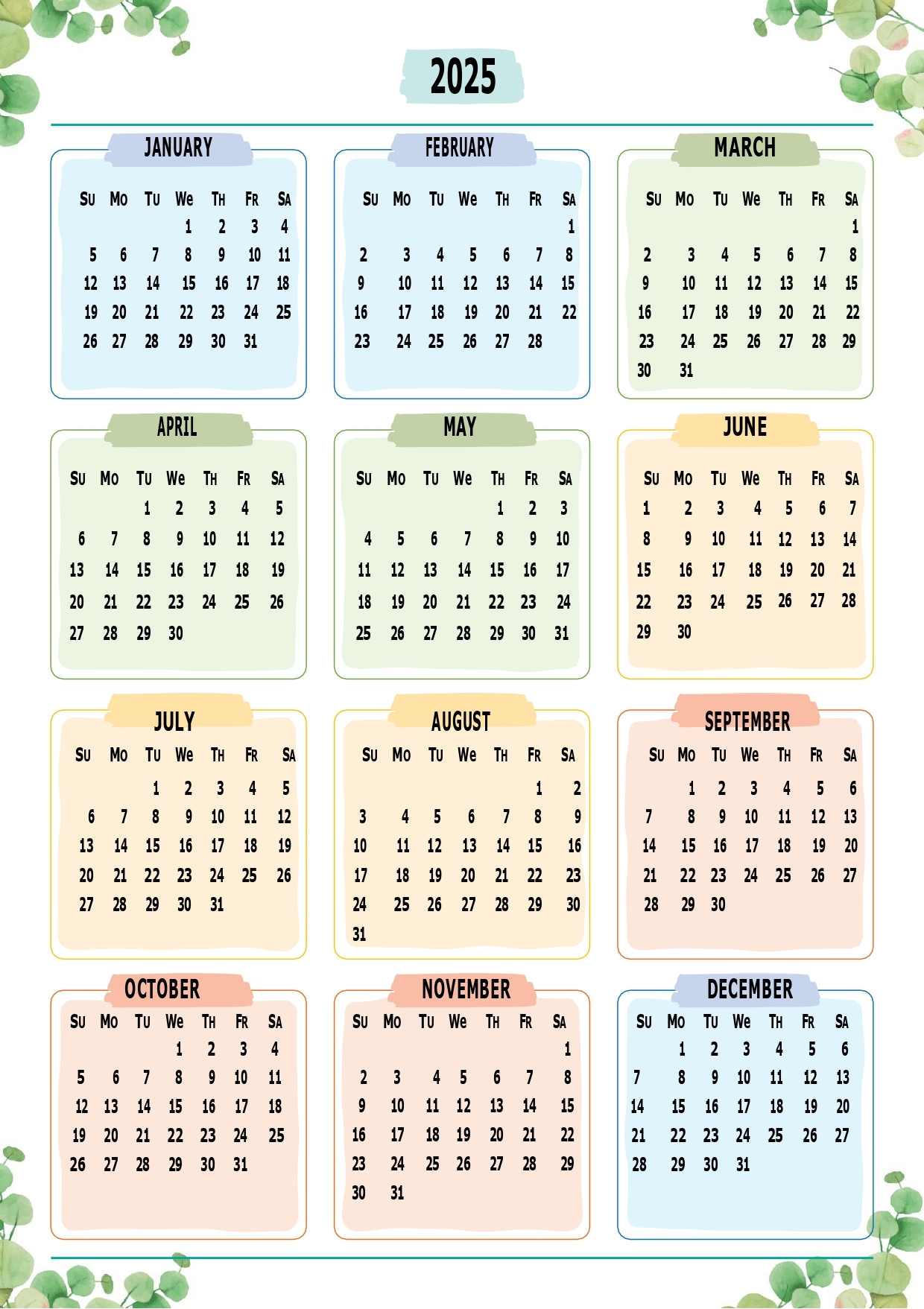 2025 Printable Year Calendar Free