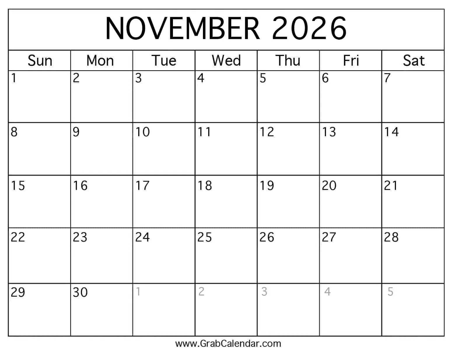Printable November 2026 Calendar