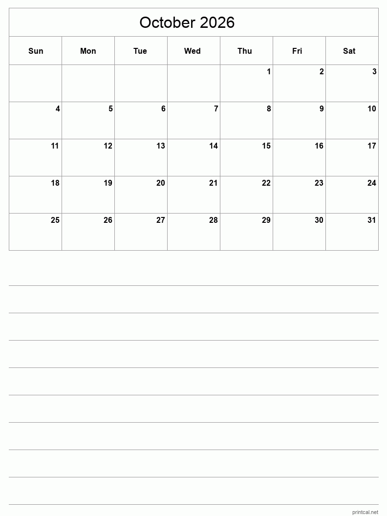 Blank October 2026 Calendar With Lines