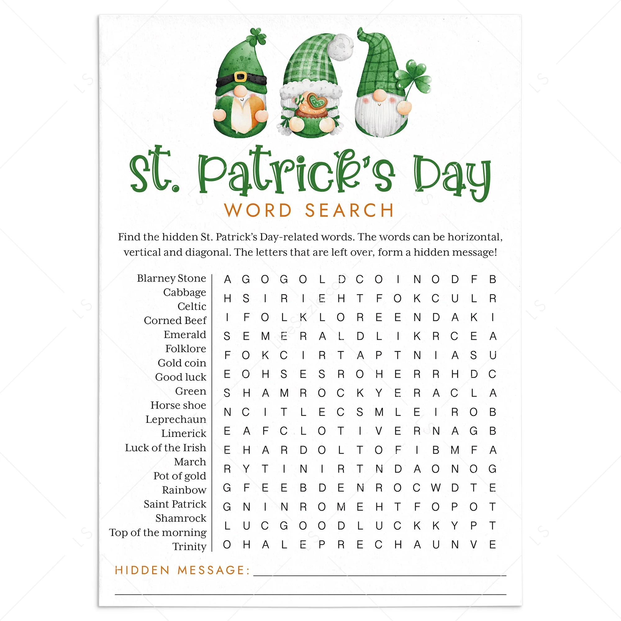 Printable St Paddy s Day Game For Kids Word Search With Answer 
