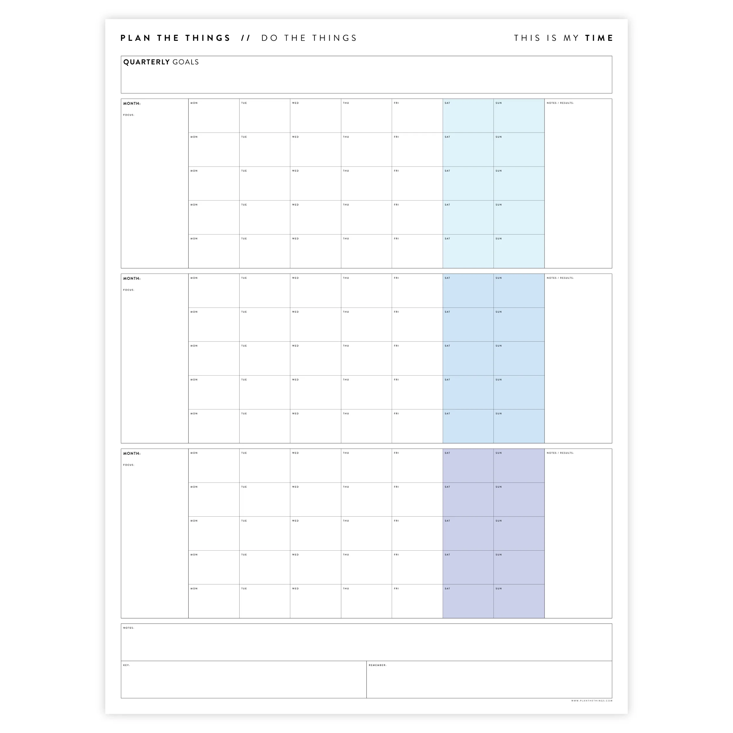 PRINTABLE UNDATED QUARTERLY WALL CALENDAR MONDAY START RAINBOW 