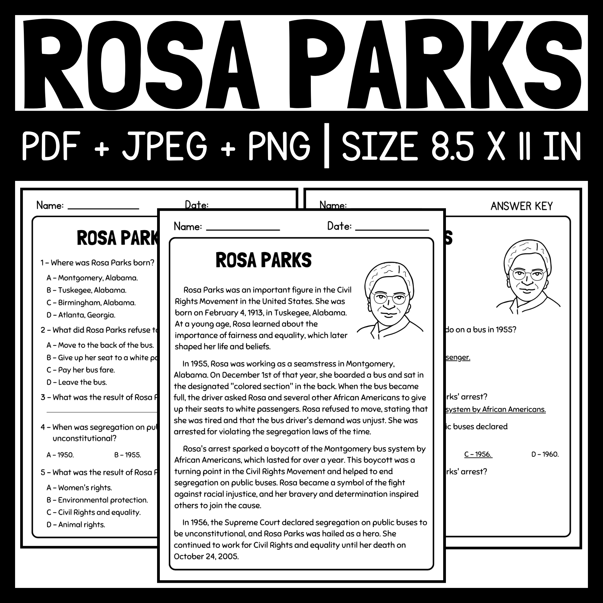 Rosa Parks Article And Reading Comprehension Questions Women s 