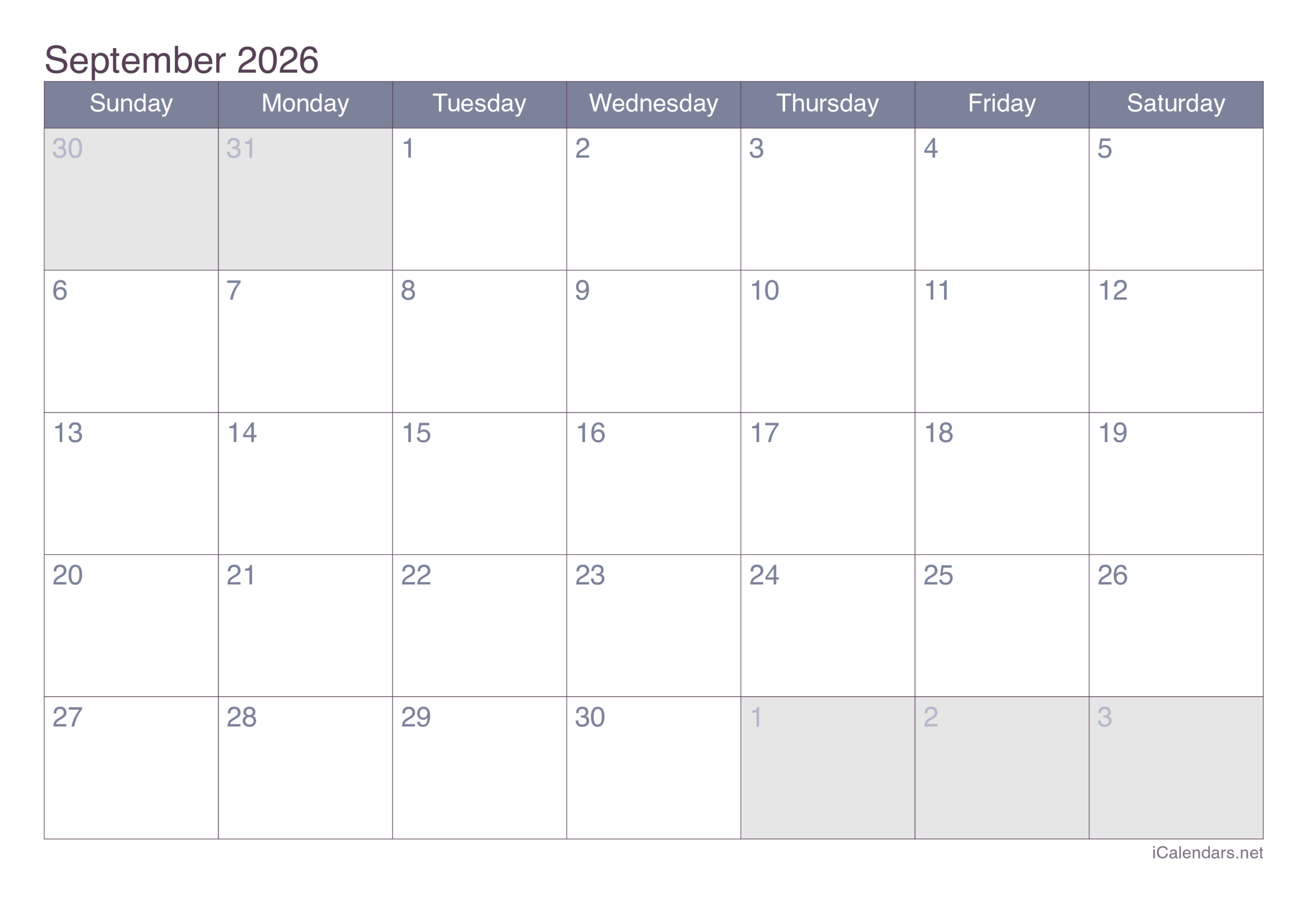 Pdf September 2026 Blank Calendar