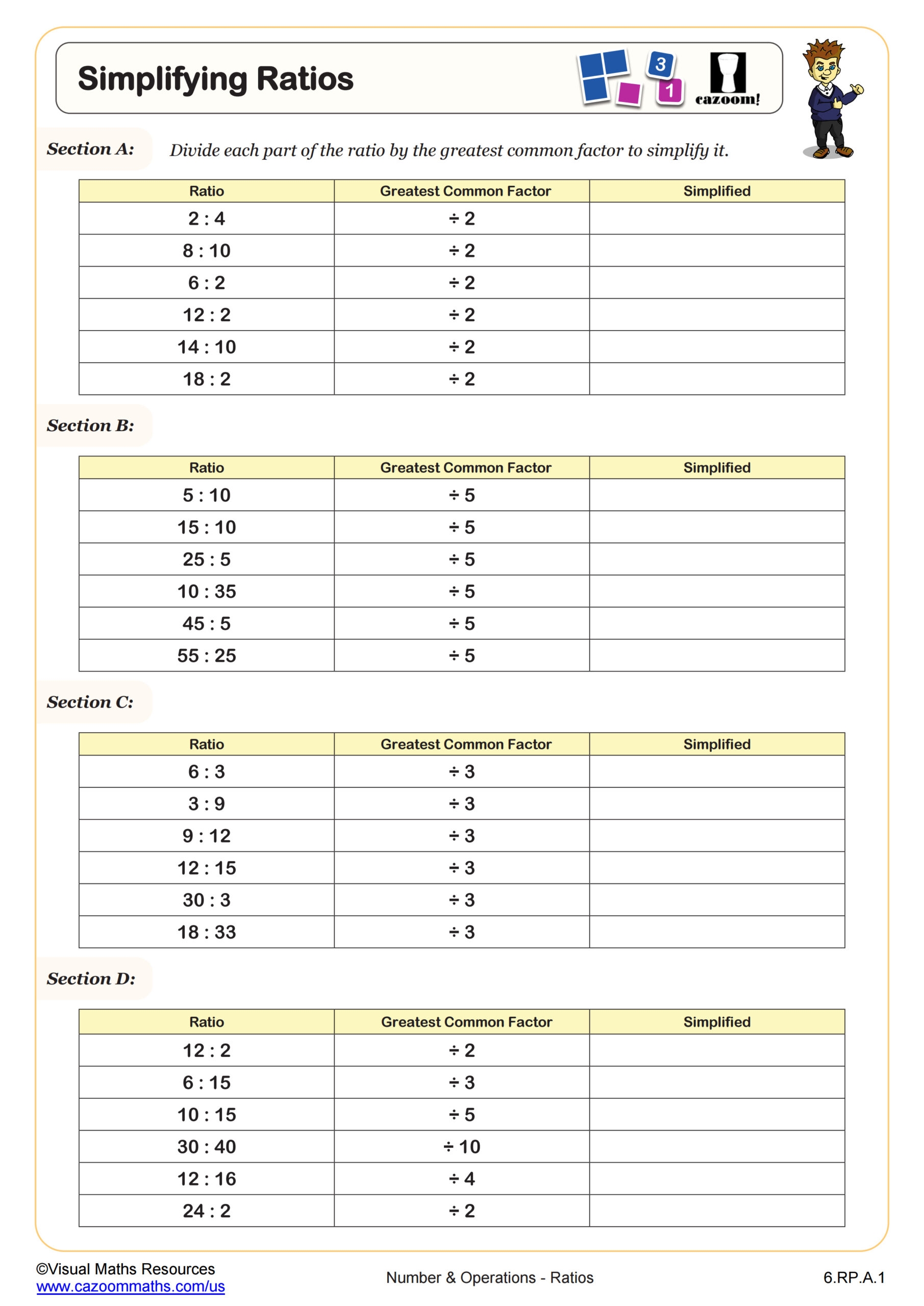 6th Grade Math Worksheets Printable Ratios