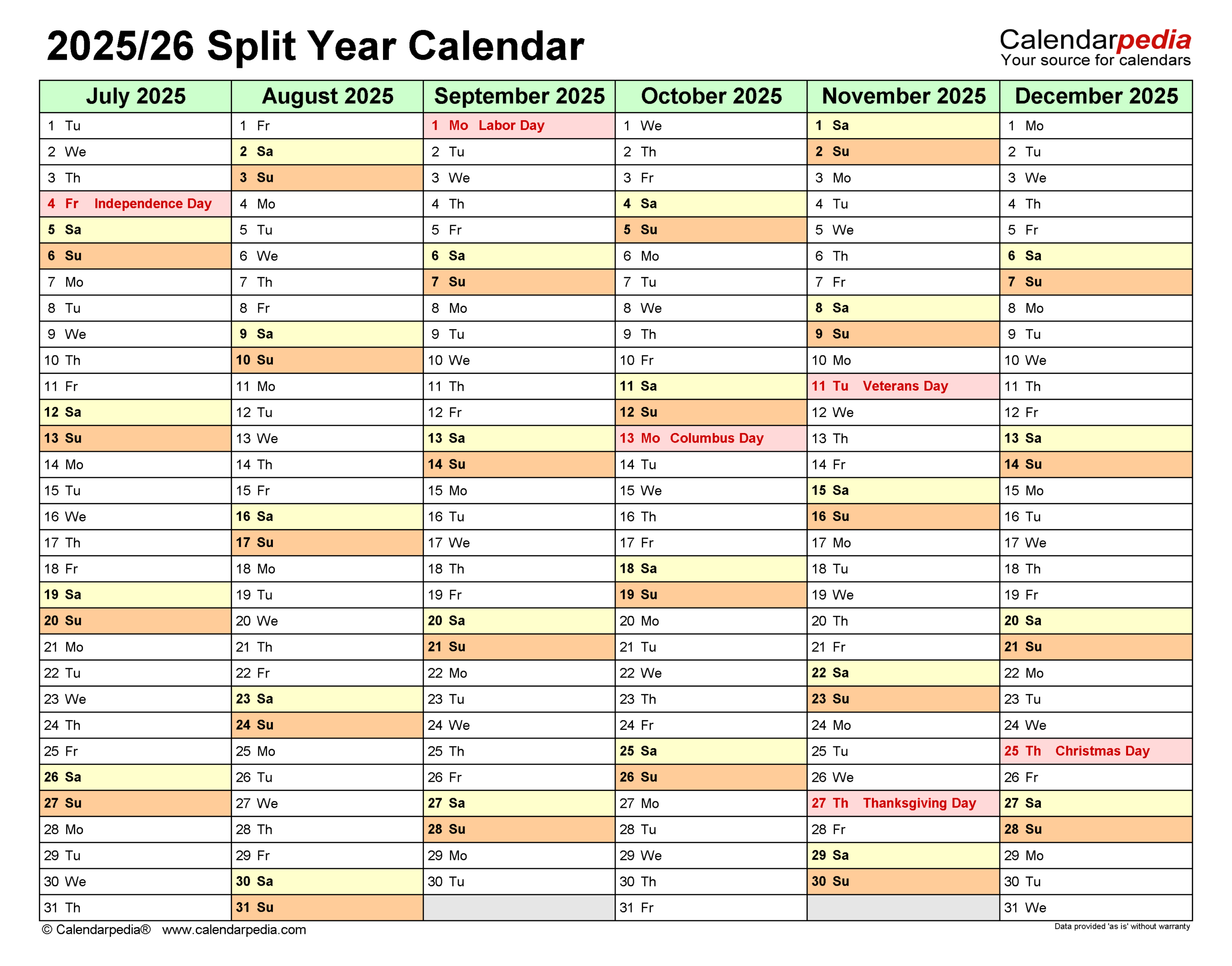 Split Year Calendars 2025 2026 July To June Word Templates