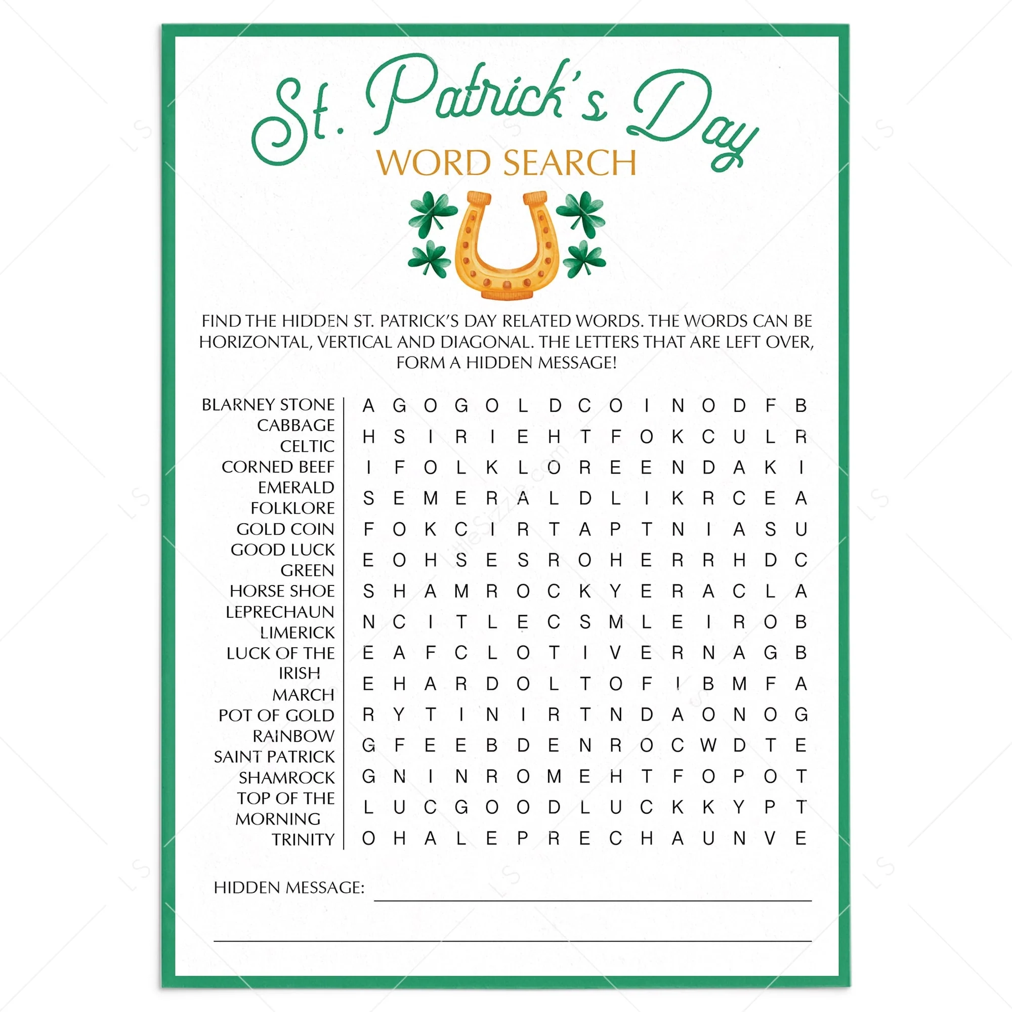 St Patrick s Day Word Search Printable Instant Download 
