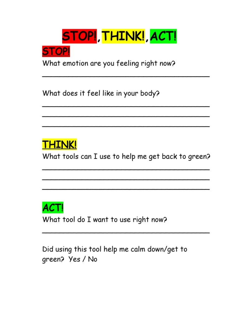 Free Printable Stop Think Act Worksheet