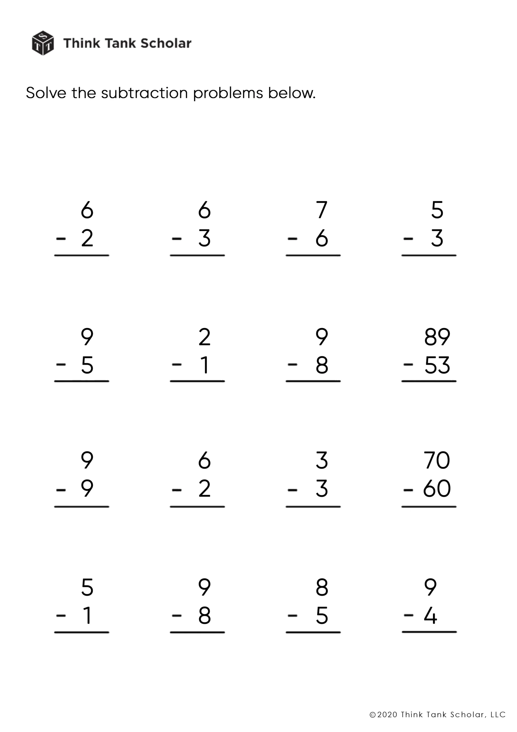 Subtraction Worksheets Exercises Printable PDF FREE Think Tank 