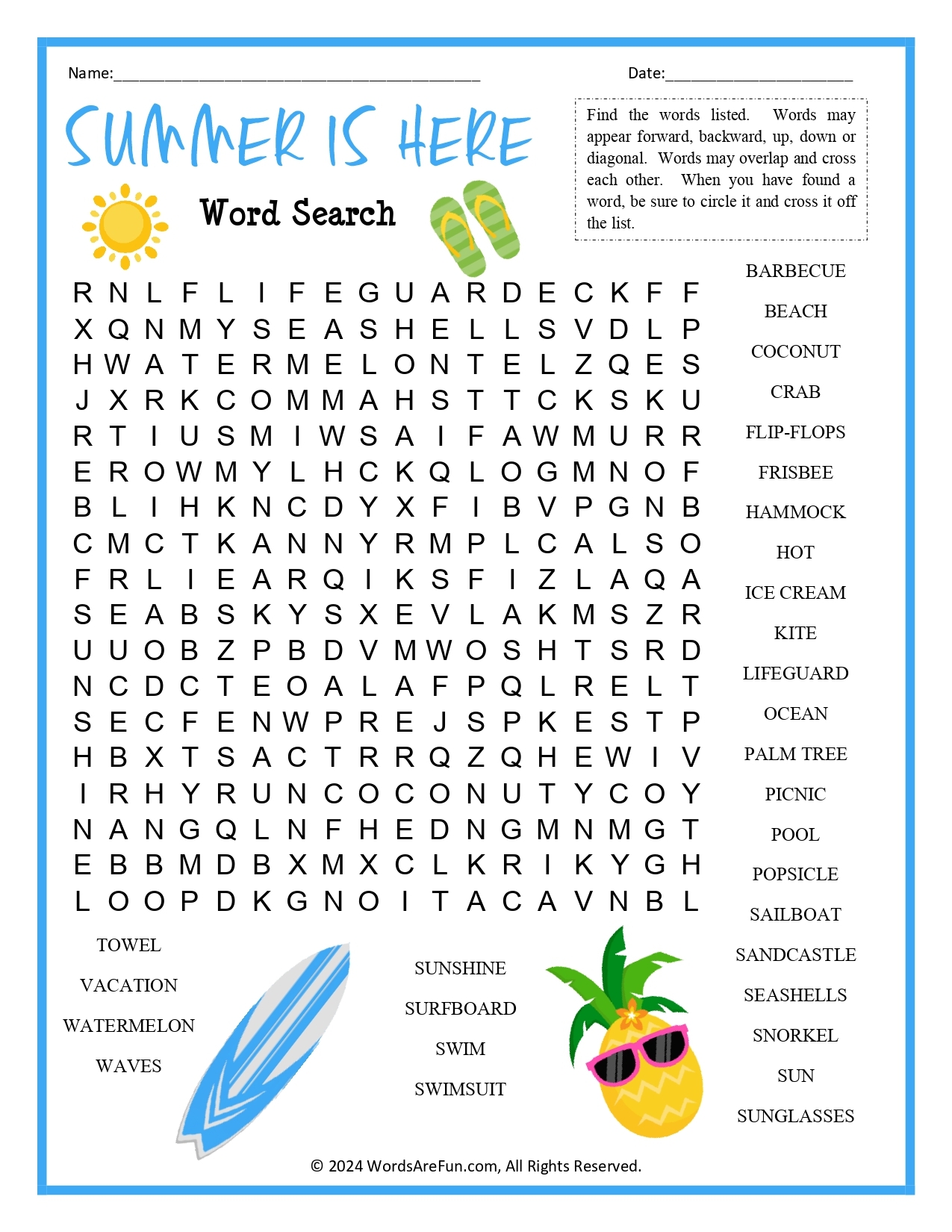 Summer Word Search Free Printable