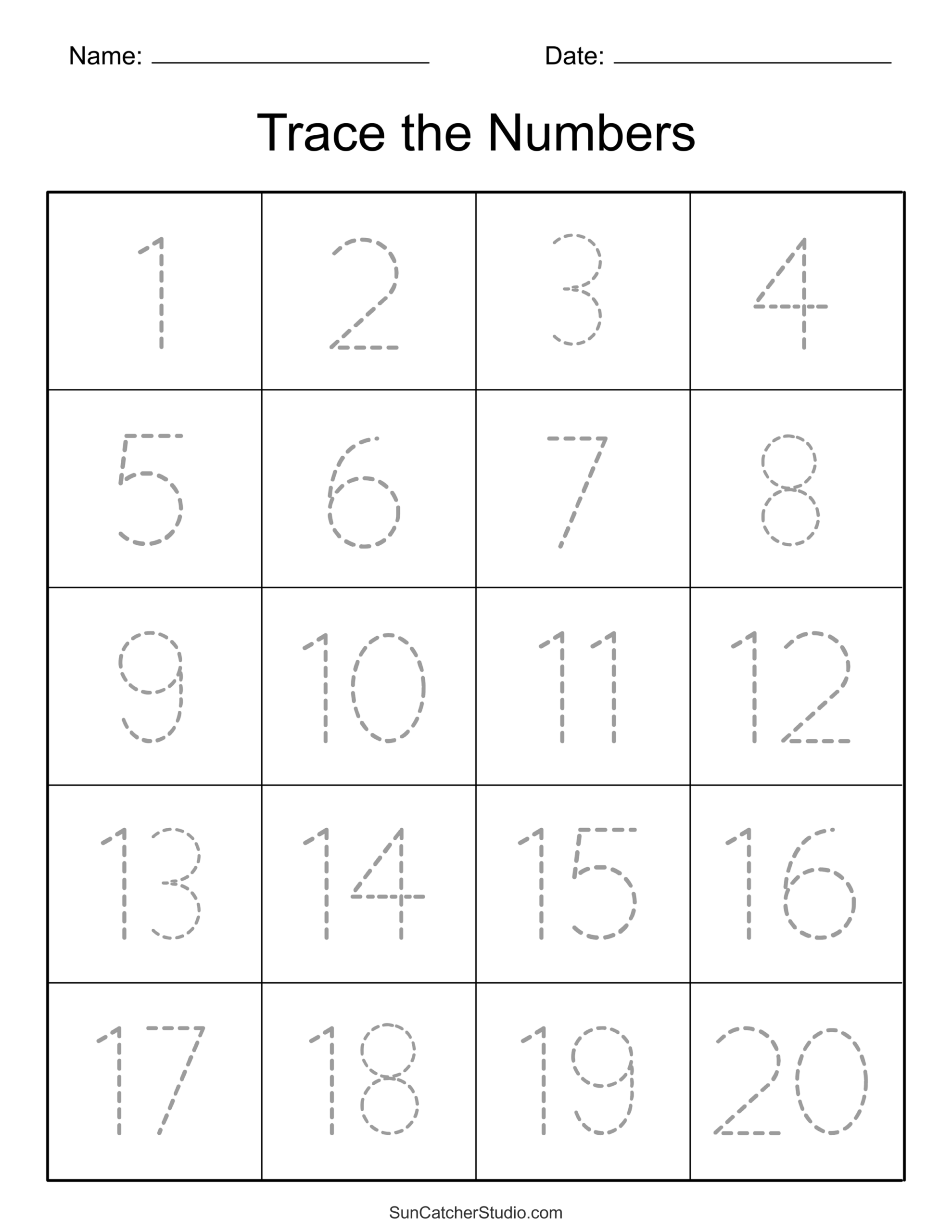 Number Tracing Worksheets 1-20 Free Printable