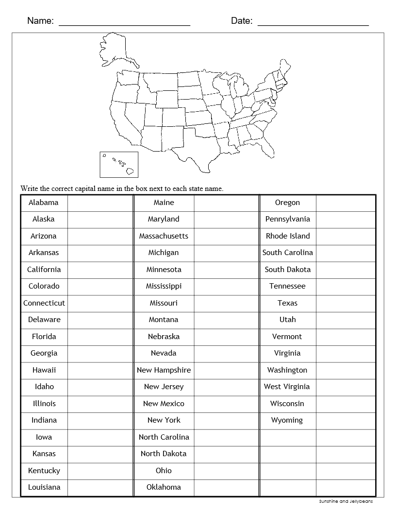State And Capital Worksheets Printable Free