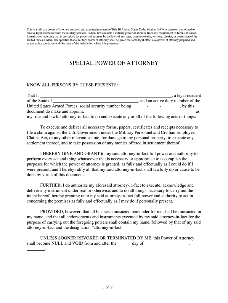 USCG Special Power Of Attorney Form Fill Online Printable 