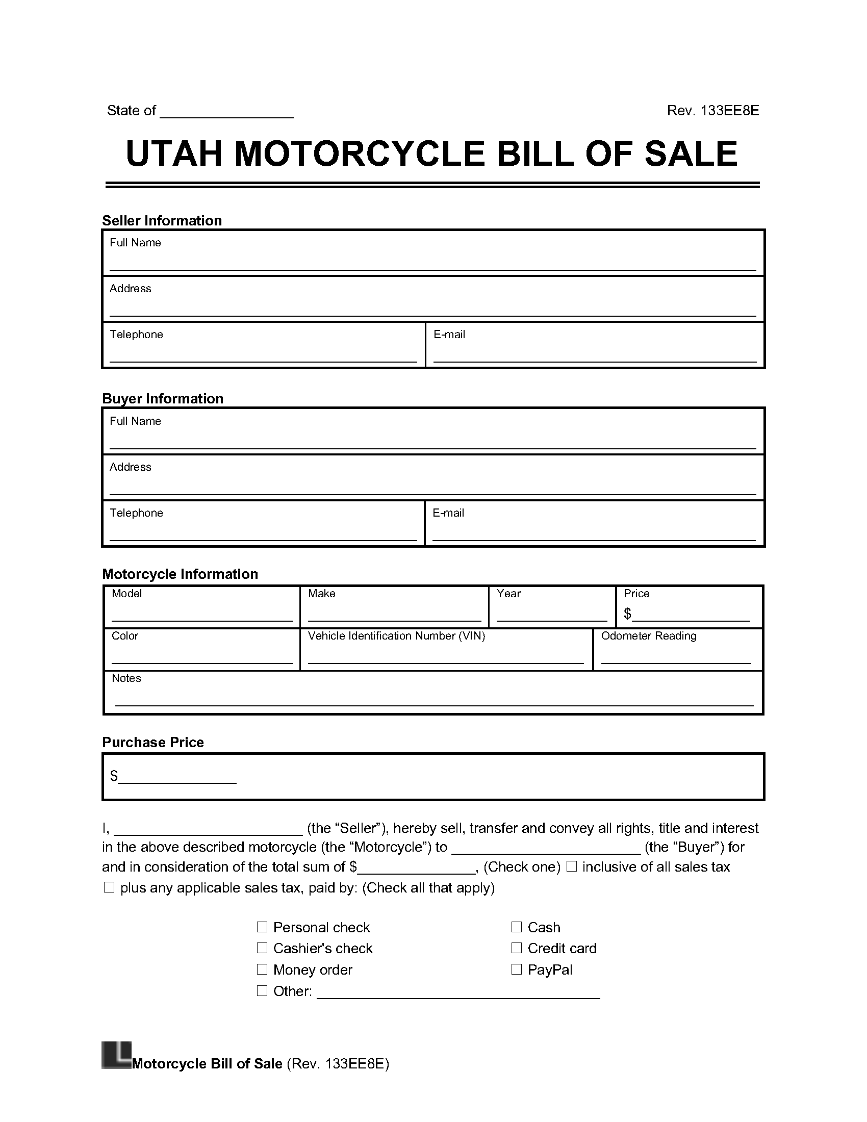 Utah Motorcycle Bill Of Sale Form Legal Templates