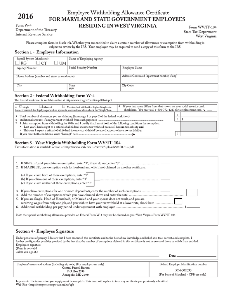 WV W4 2016 Comptroller Of Maryland