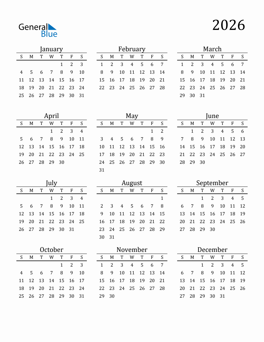 General Blue 2026 Calendar Printable